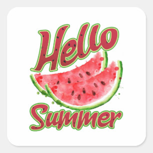 Retro-Style Hello Summer Watercolor Wassermelon Quadratischer Aufkleber