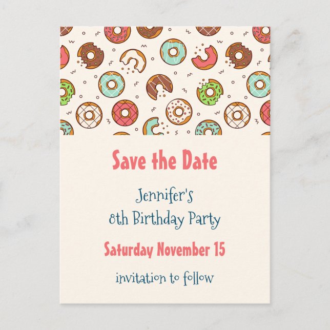 Retro Style Niedlich Donut Muster Save the Date Einladungspostkarte (Vorderseite)
