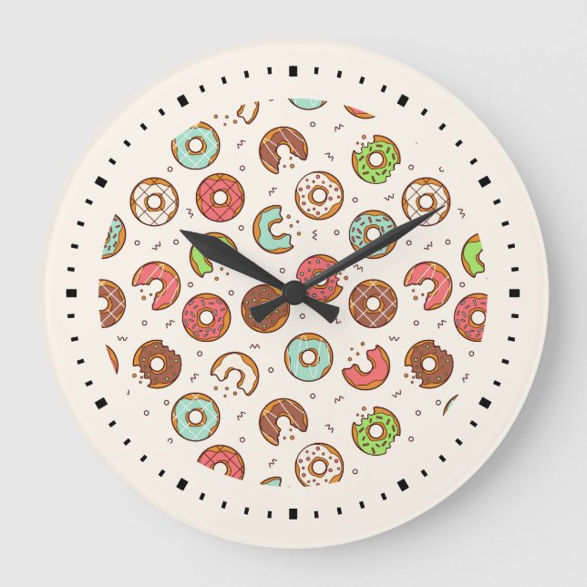Retro Style Niedliches Donut-Muster Große Wanduhr (Vorderseite)