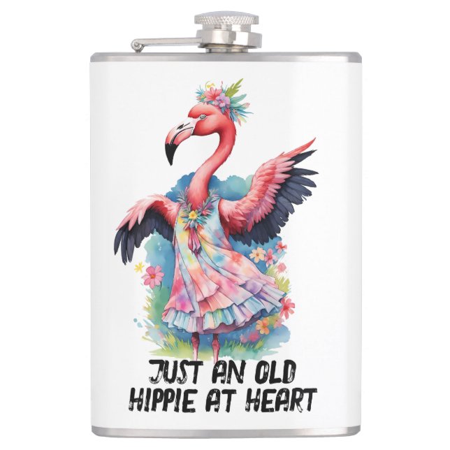 Retro Style Old Hippie bei Heart Dancing Flamingo Flachmann (Vorderseite)