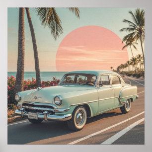 Retro-style Oldtimer auf einer Küstenstraße Poster