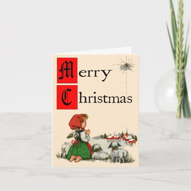 Retro-Style Praying Girl Weihnachtskarte Feiertagskarte (Vorderseite)