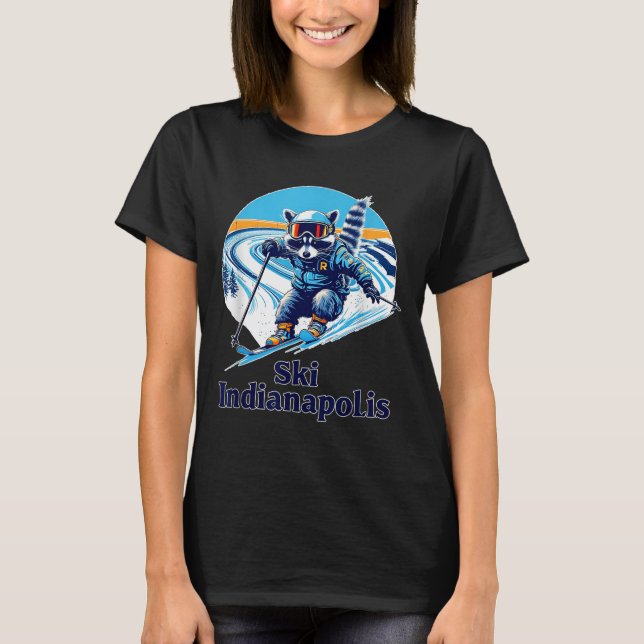 Retro Style Raccoon Skifahren in Indianapolis Indi T-Shirt (Vorderseite)
