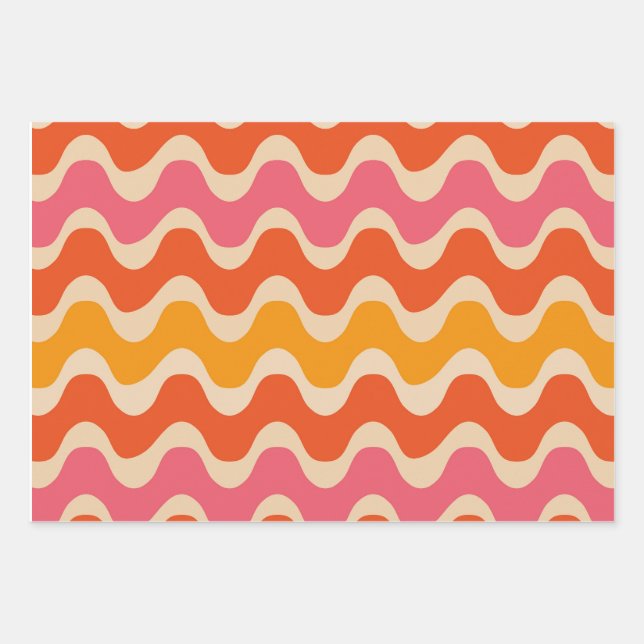 Retro Style Waves Muster in Rosa, Orange und Rot Geschenkpapier Set (Vorderseite)