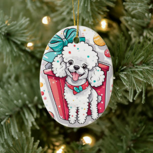 Retro Style White Poodle Weihnachten Keramik Ornament