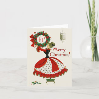 Retro-Style "Woman Hanging Christmas Kranz" Karte