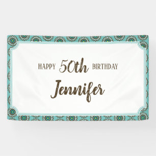 Retro Stylized aquamarine Blumen-Geburtstags-Fahne Banner
