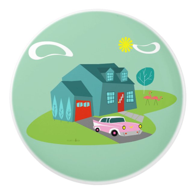 Retro Suburban House Keramik Pull Keramikknauf (Vorderseite)