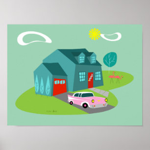 Retro Suburban House Poster