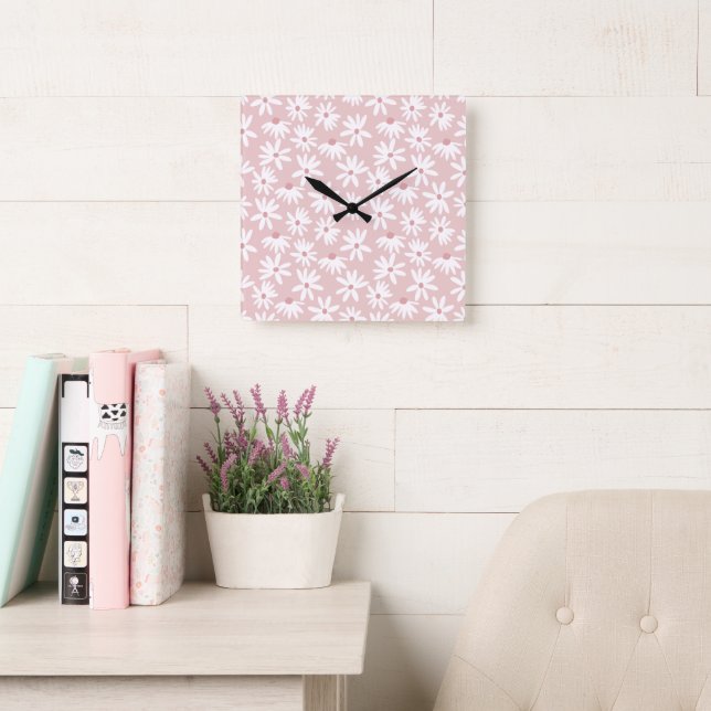 Retro Summer Daisies Muster Kleines #4 #pattern Quadratische Wanduhr (Lesesaal)