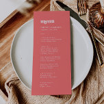 Retro Summer | Hot Pink Wedding Dinner Menu Menükarte<br><div class="desc">This retro summer hot pink wedding dinner menu card is perfect for a colorful wedding. The unique modern vintage design features vibrant bold hot pink and white typography with fun groovy vibes. This menu can be used for a wedding reception,  rehearsal dinner,  or any event.</div>