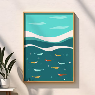 Retro Summer Ocean Waves Mitte Jahrhundert Moderne Poster