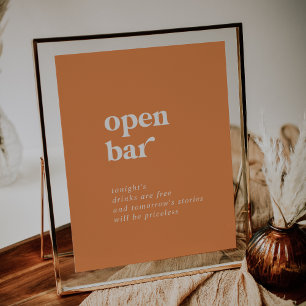 Retro Summer   Orange Wedding Open Bar Sign Poster