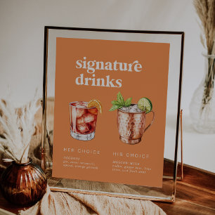 Retro Summer Orange Wedding Signature Drinks Zeich Poster