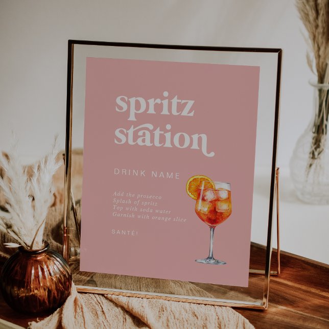 Retro Summer Pink Wedding Spritz Station Sign Poster (Retro Summer Pink Wedding Spritz Station Sign)
