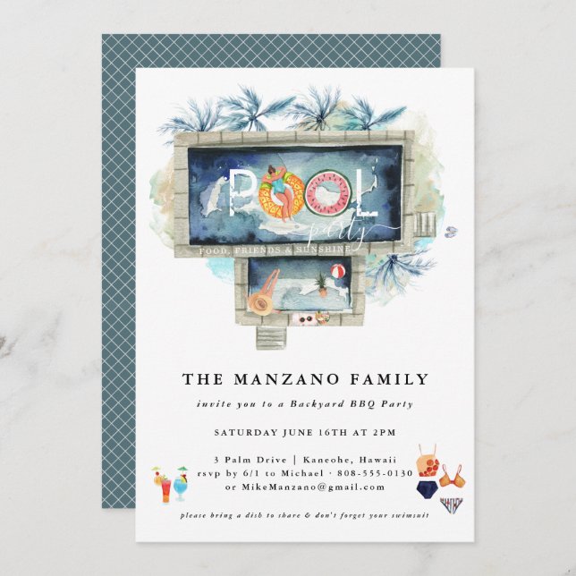 Retro Summer | Pool-Party Einladung (Vorne/Hinten)