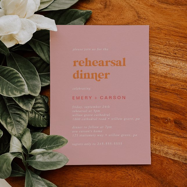 Retro Summer | Rosa und orange Probe Abendessen Einladung (Von Creator hochgeladen)