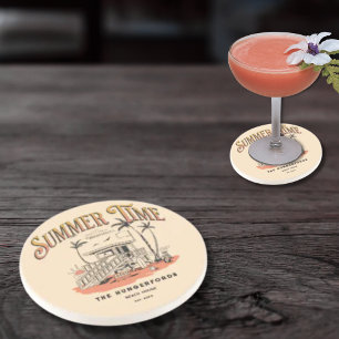 Retro Summer Time Beach Hut Illustration Getränkeuntersetzer