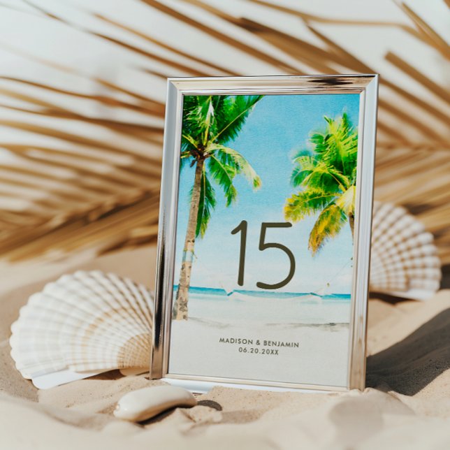 Retro Summer Tropical Palm Tree Beach Hochzeit Tischnummer (Von Creator hochgeladen)