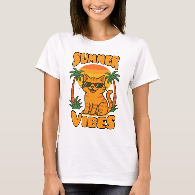 Retro Summer Vibes Cat T - Shirt - Niedlicher Cart (Vorderseite)