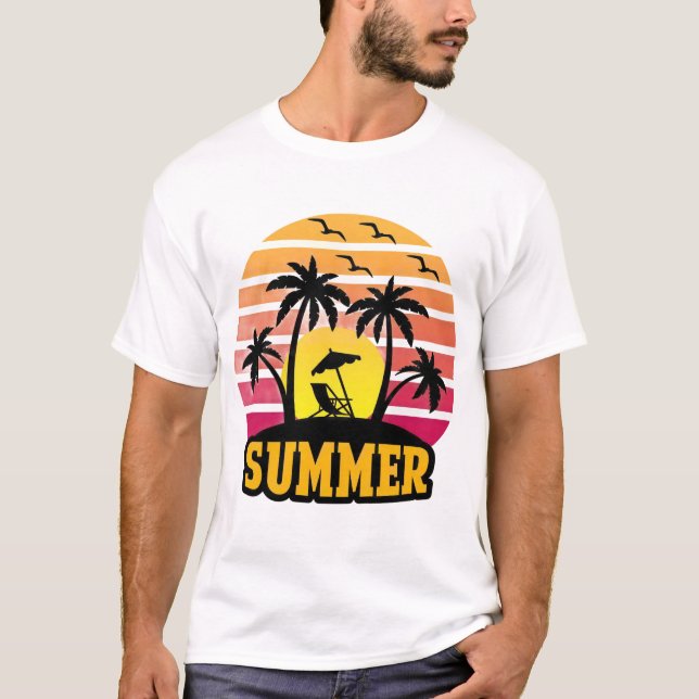 Retro Summer Vibes T-Shirt - Palm Tree Sunset Beac (Vorderseite)