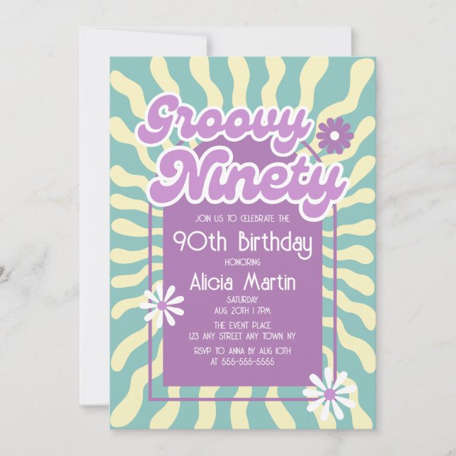 Retro Sun Wave Daisy Groovy 90. Geburtstag Einladung (Vorderseite)