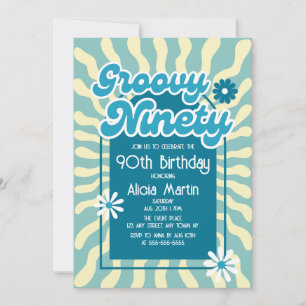 Retro Sun Wave Daisy Groovy Blue 90. Geburtstag Einladung