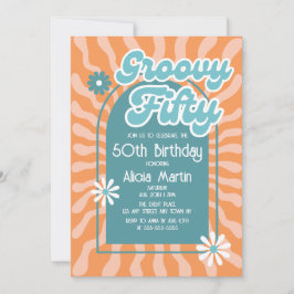 Retro Sun Wave Daisy Groovy Green 50. Geburtstag Einladung