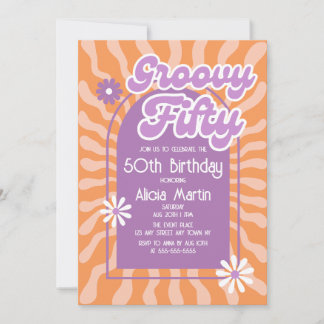 Retro Sun Wave Daisy Groovy Lila 50. Geburtstag Einladung