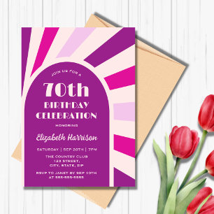 Retro Sunburst Arch Typografie Geburtstag Lila Einladung