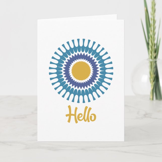 Retro Sunburst Note Card in Blau und Gold (Vorderseite)