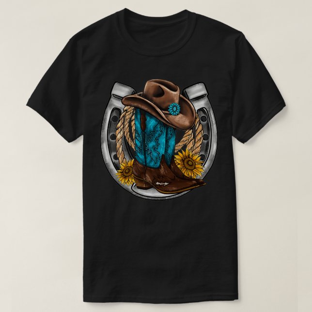 Retro Sunflower Horseshoe Cowgirl Boots Hat Rope W T-Shirt (Design vorne)