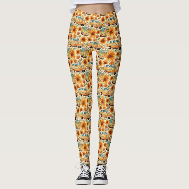 Retro Sunflower Van Pattern – Vintage Boho Hippie Leggings (Vorderseite)