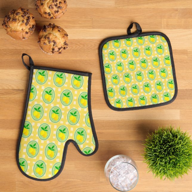 Retro Sunny Lemon Yellow Spring Green Ofenhandschuh & Topflappen-Set (Bring a bit of zest to the kitchen!)