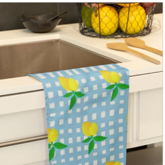Retro Sunny Yellow Lemon Blue White Check Geschirrtuch (Sunny lemony accent for the kitchen!)