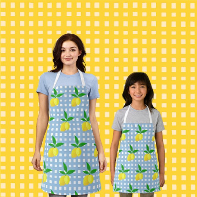 Retro Sunny Yellow Lemon Blue White Check Schürze (Fun lemony aprons in 3 sizes.)