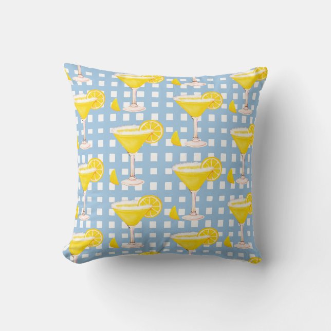 Retro Sunny Yellow Lemon Drop Blue White Check Kissen (Vorderseite)