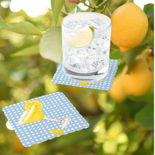 Retro Sunny Yellow Lemon Drop Blue White Karo Runder Pappuntersetzer
