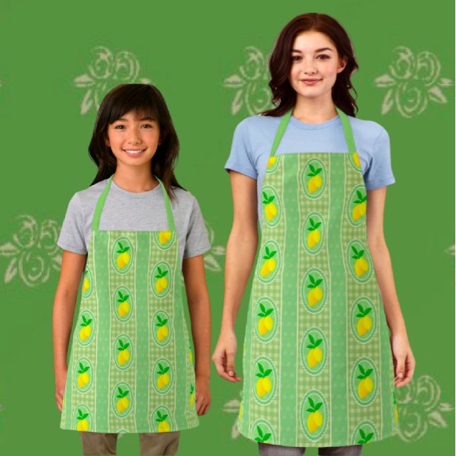 Retro Sunny Yellow Lemon Green Gingham Check Schürze (Fun vintage style lemon aprons, in 3 sizes.)