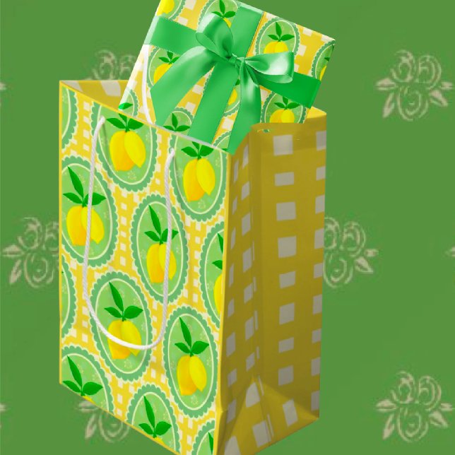 Retro Sunny Yellow Lemons Geschenktüte Für Weinflaschen (Springtime fresh all occasion gift bags, several sizes.)