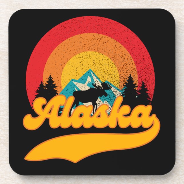 Retro Sunset Alaska Juneau Elche 0Berge Wild Getränkeuntersetzer (Vorderseite)