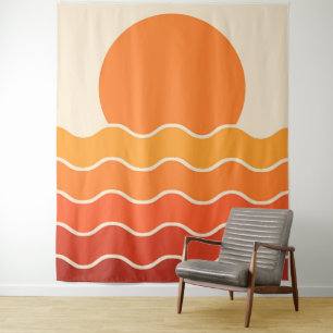 Retro Sunset and Waves Wandteppich