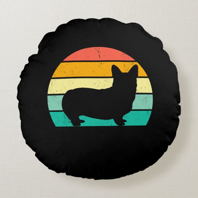 Retro Sunset Corgi Rundes Kissen (Vorderseite)