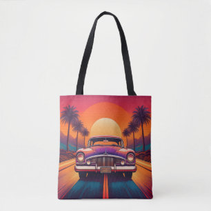Retro Sunset Drive mit klassischem Auto Tote Bag