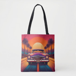 Retro Sunset Drive mit klassischem Auto Tote Bag
