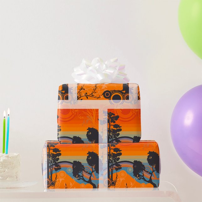 Retro Sunset Forest Landschaft Abstrakt Geschenkpapier (Von Creator hochgeladen)