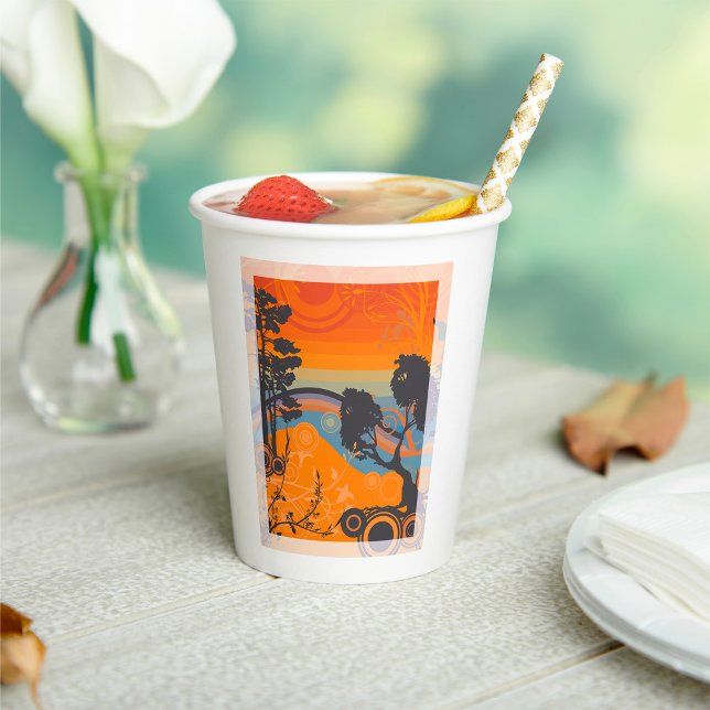 Retro Sunset Forest Landschaft Abstrakt Pappbecher (Von Creator hochgeladen)