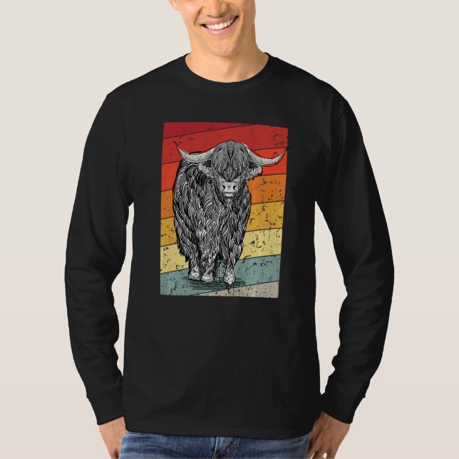 Retro Sunset Highland Cows Women Girls Cow T-Shirt (Vorderseite)