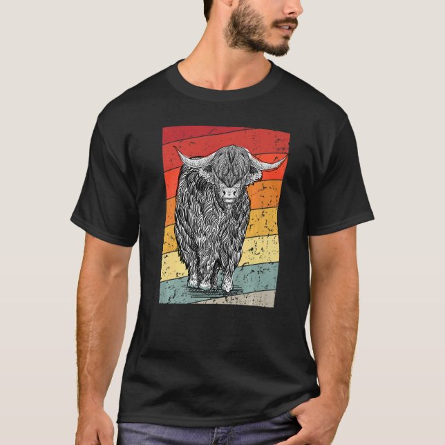 Retro Sunset Highland Cows Women Girls Cow T-Shirt (Vorderseite)