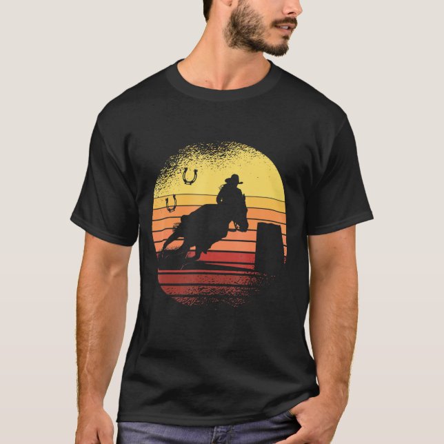 Retro Sunset Horse Barrel Racing Rodeo T-Shirt (Vorderseite)